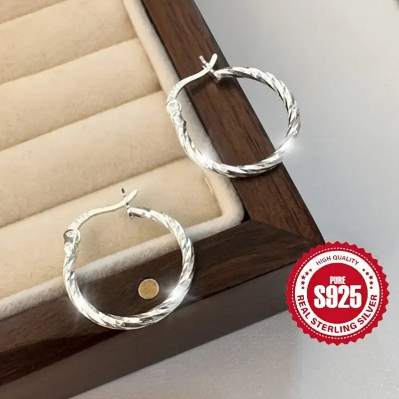 1 Pair 925 Sterling Silver Twisted Circle Earrings - Hypoallergenic, Lightweight 1.6g
