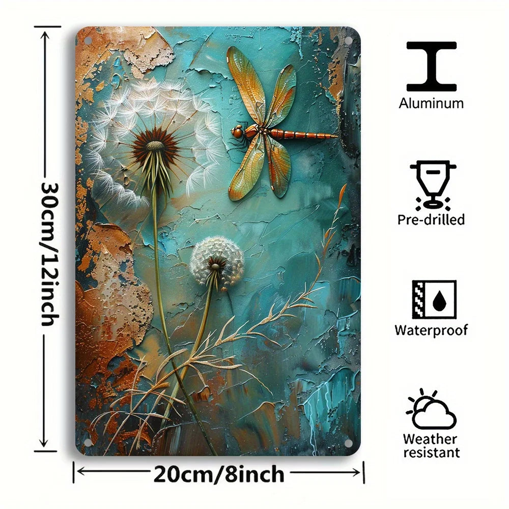 Vintage Dandelion Dragonfly Metal Wall Art - Indoor/Outdoor Decor - 8x12 Inches