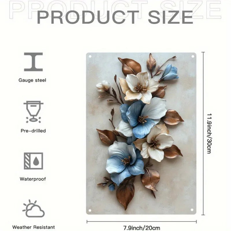 Elegant Blue and White Flower Metal Wall Art Easy