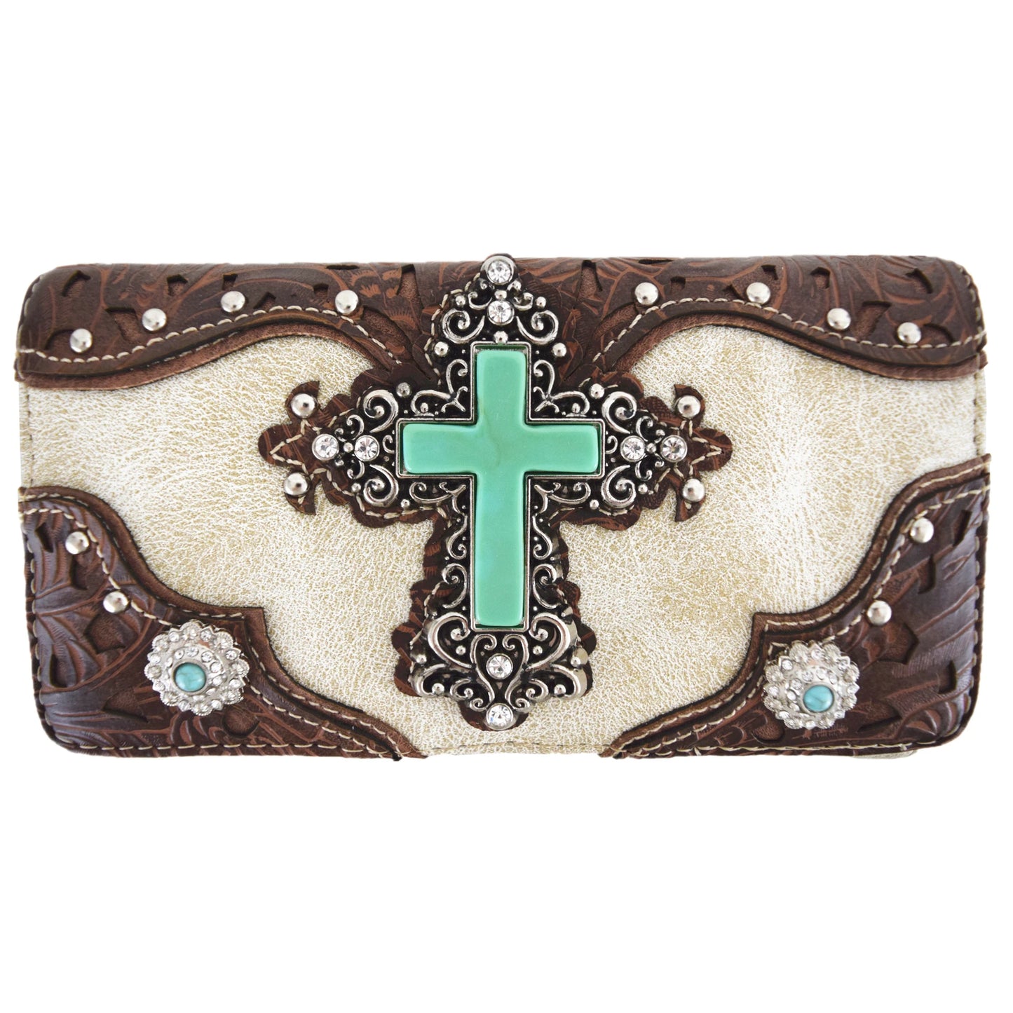 Western Style Tooled Leather Studded Handbag and Matching Trifold Wallet W/ Cross