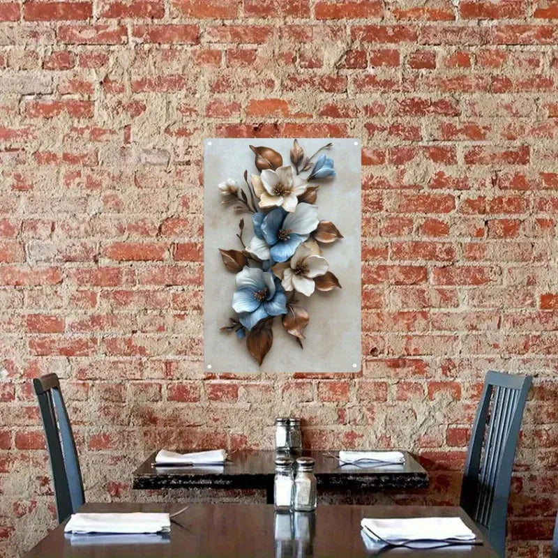 Elegant Blue and White Flower Metal Wall Art Easy