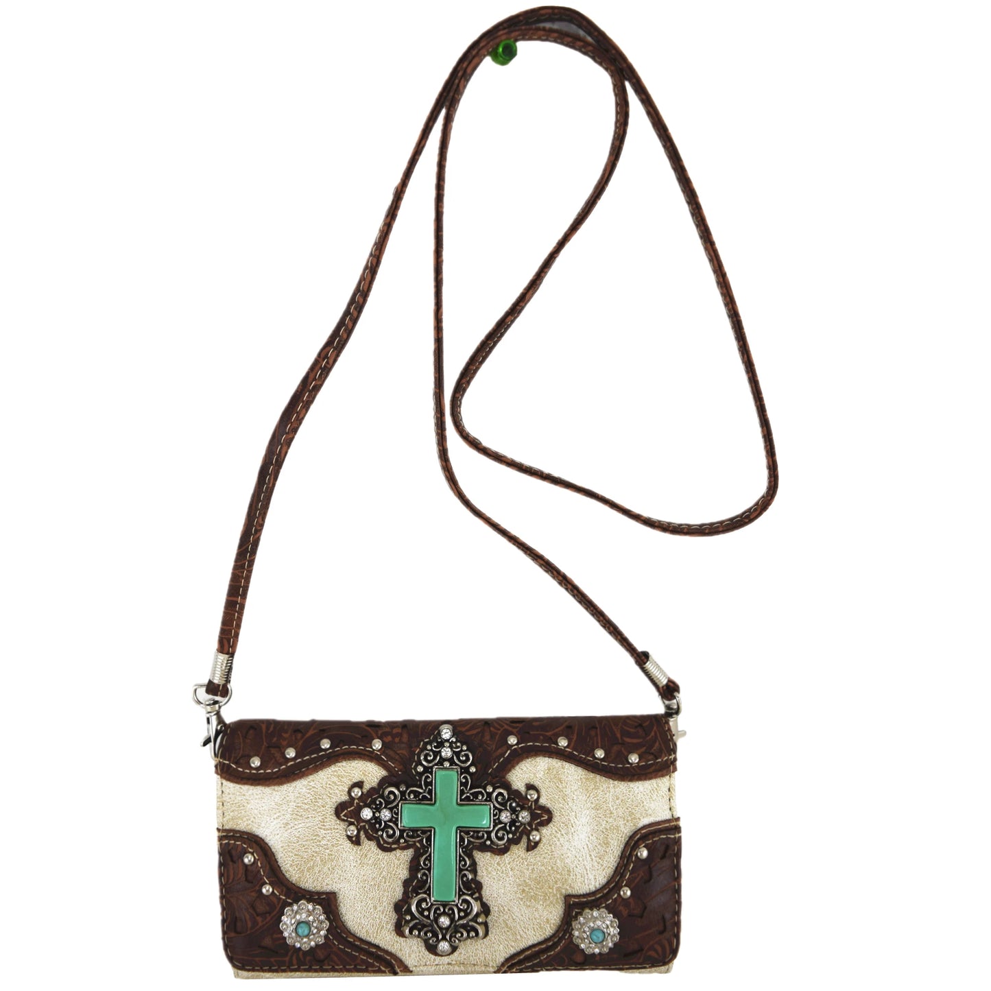 Western Style Tooled Leather Studded Handbag and Matching Trifold Wallet W/ Cross