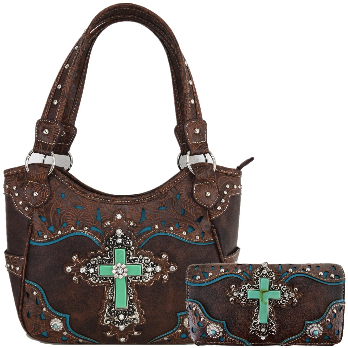 Western Style Tooled Leather Studded Handbag and Matching Trifold Wallet W/ Cross