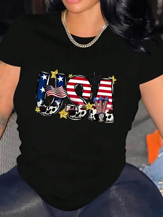 Women's "USA" Graphic Tee - Flag & Fireworks Design