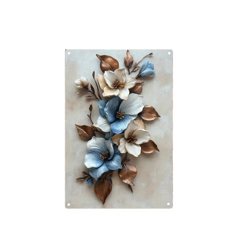 Elegant Blue and White Flower Metal Wall Art Easy