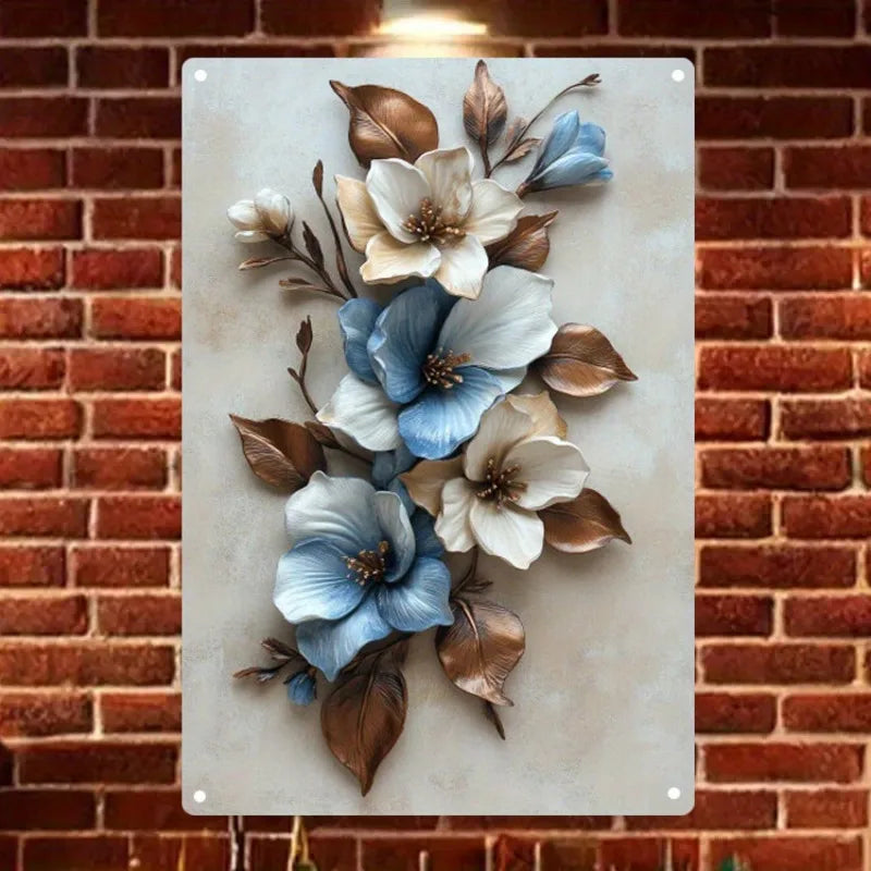 Elegant Blue and White Flower Metal Wall Art Easy
