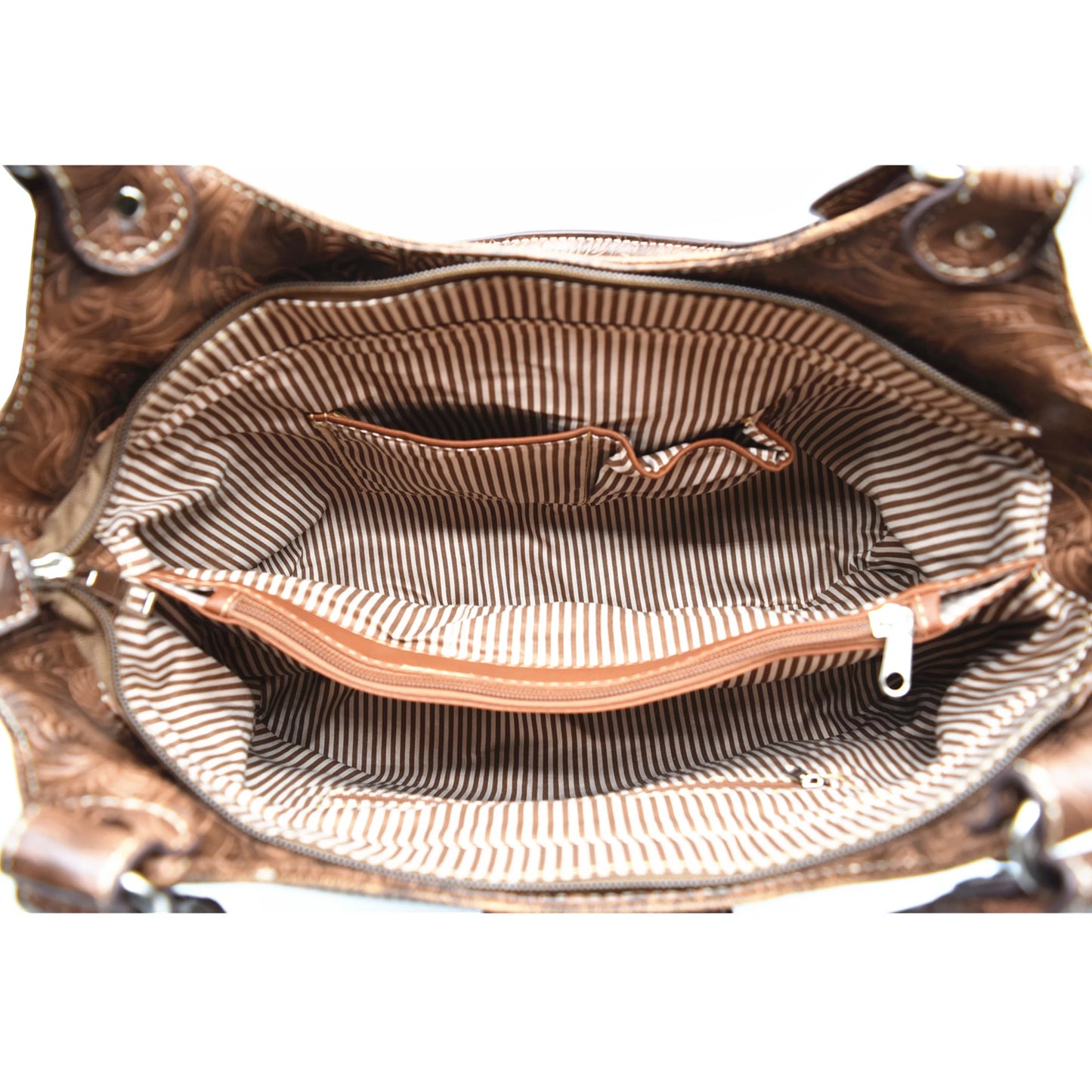 Western Style Tooled Leather Studded Handbag and Matching Trifold Wallet W/ Cross