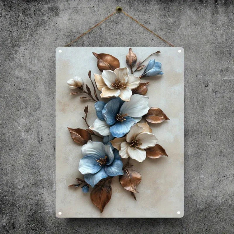 Elegant Blue and White Flower Metal Wall Art Easy