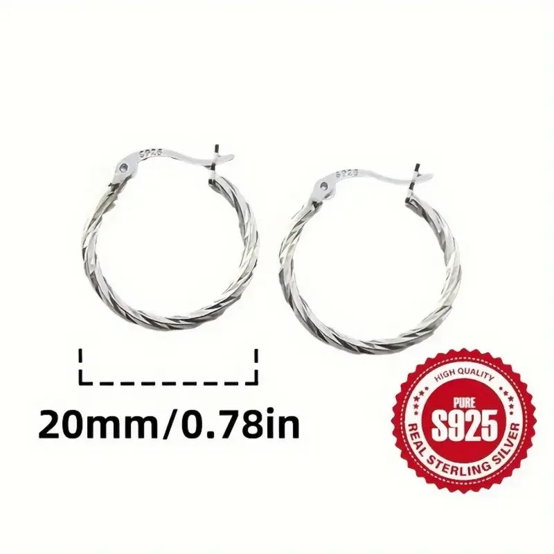 1 Pair 925 Sterling Silver Twisted Circle Earrings - Hypoallergenic, Lightweight 1.6g