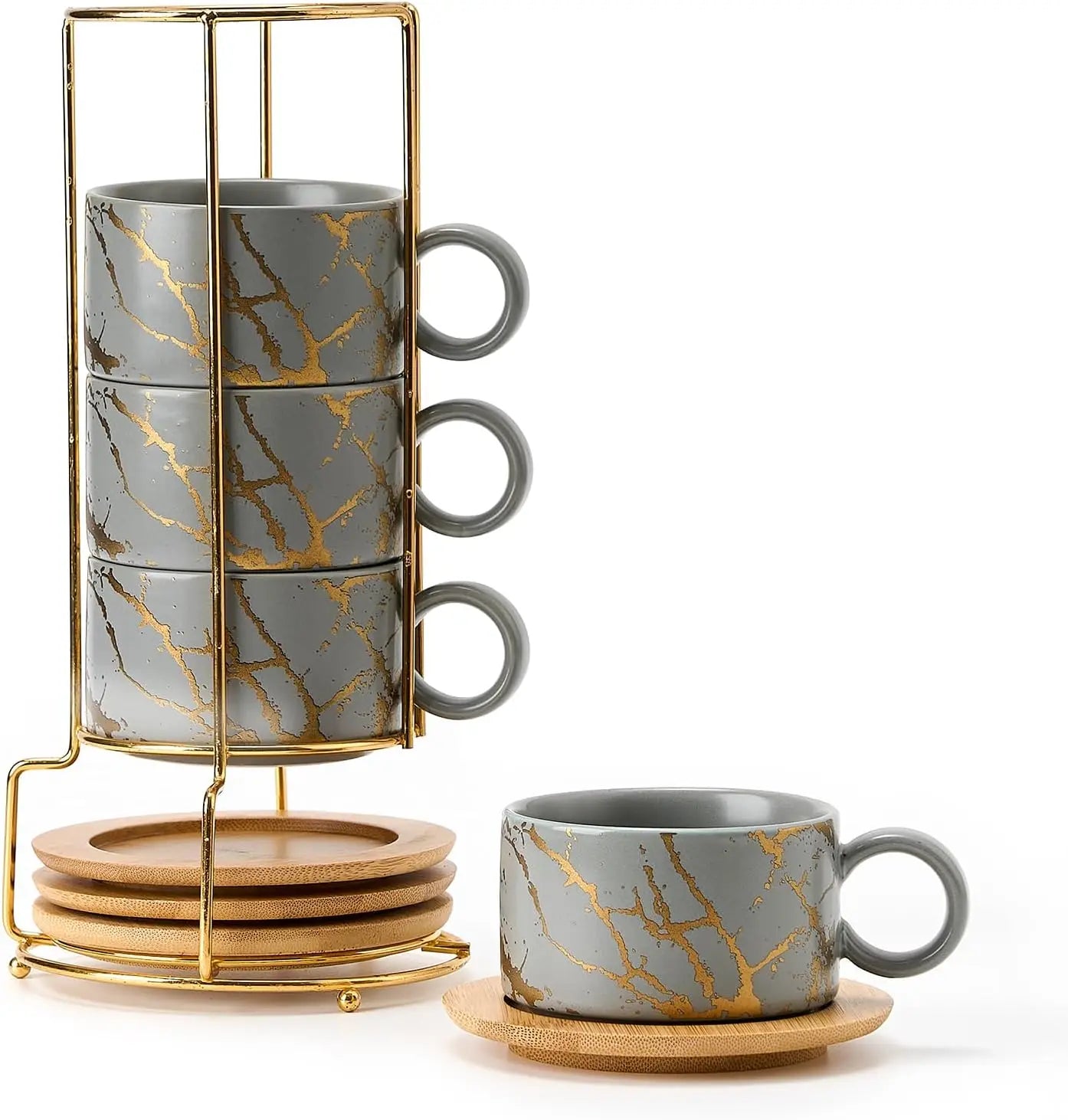 Set of 4 - 6 Ounce Porcelain Stackable Espresso Cups with Saucers/Metal Stand