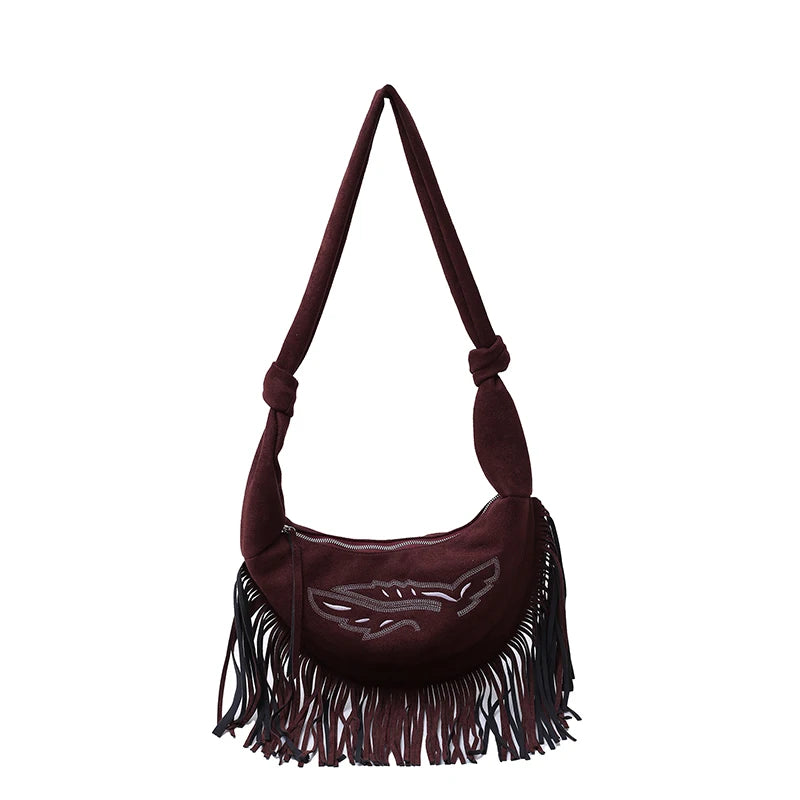 Suede Shoulder Bag W/ Tassels - Large Capacity