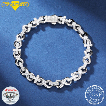 NEW STYLE S925 Silver Iced Out Cross Infinity Bracelet With Baguette Link For Women/Men