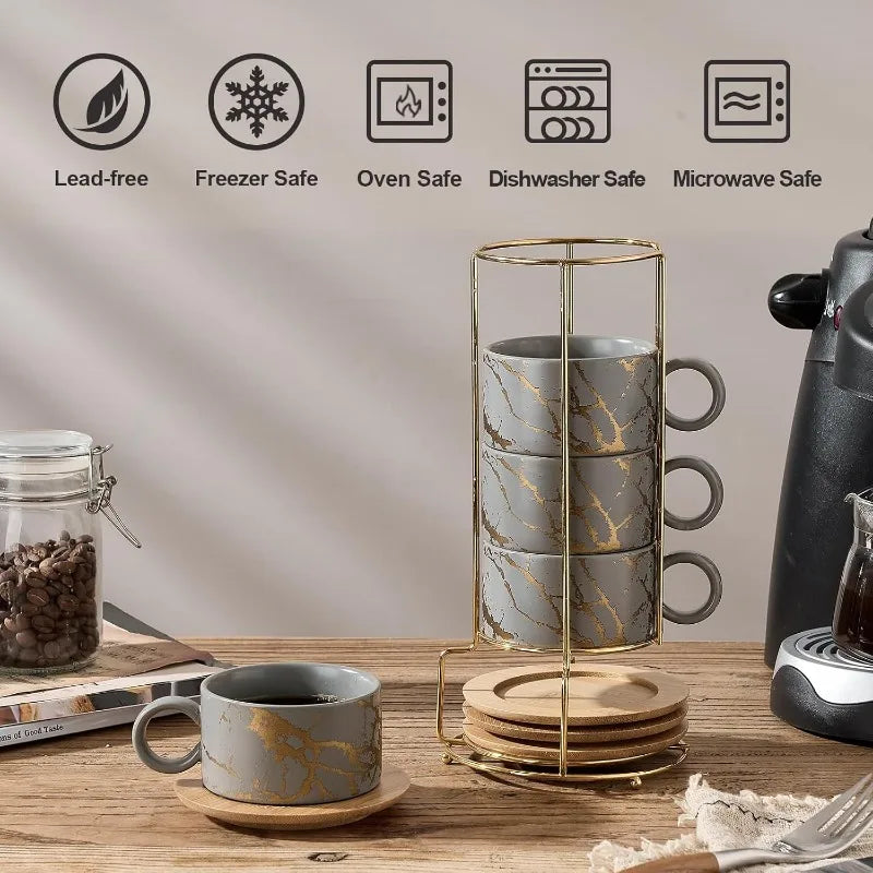 Set of 4 - 6 Ounce Porcelain Stackable Espresso Cups with Saucers/Metal Stand