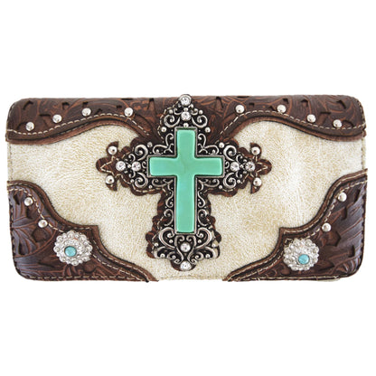 Western Style Tooled Leather Studded Handbag and Matching Trifold Wallet W/ Cross