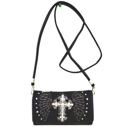 Western Style Tooled Leather Purse and Wallet W/ Rhinestone Cross and Studded Laser Cut Wings