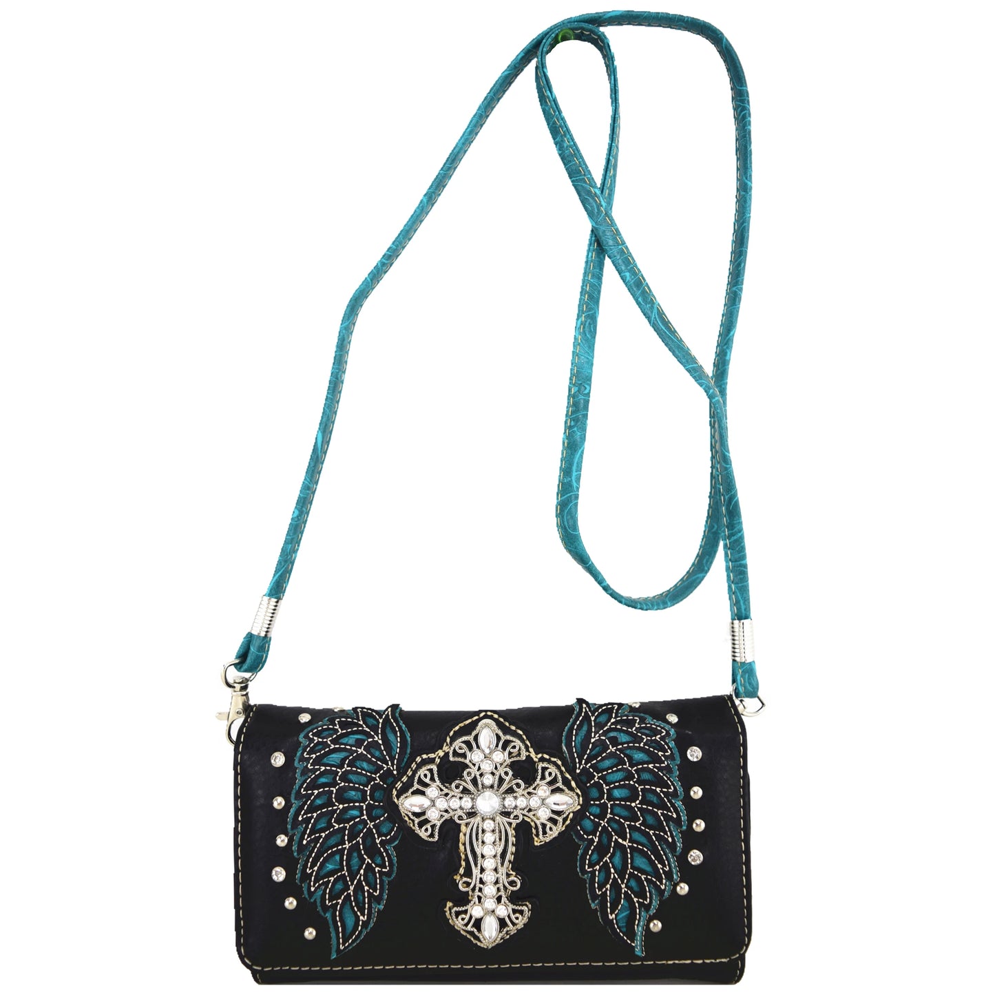 Western Style Tooled Leather Purse and Wallet W/ Rhinestone Cross and Studded Laser Cut Wings