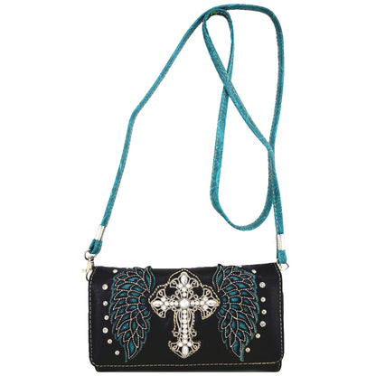 Western Style Tooled Leather Purse and Wallet W/ Rhinestone Cross and Studded Laser Cut Wings