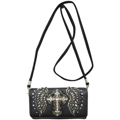 Western Style Tooled Leather Purse and Wallet W/ Rhinestone Cross and Studded Laser Cut Wings