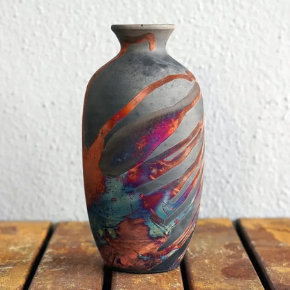 7 inch Raku Ceramic Pottery Vase - Carbon Half Copper