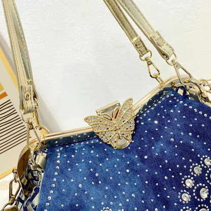 Diamond Denim Handbag W/ Rhinestone Accents