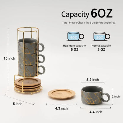 Set of 4 - 6 Ounce Porcelain Stackable Espresso Cups with Saucers/Metal Stand