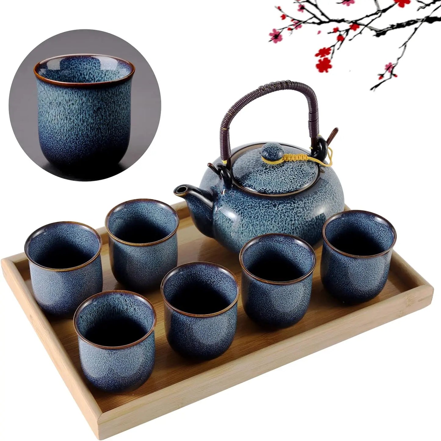 Japanese Porcelain Tea Set w/ 1 Teapot - 6 Tea Cups - 1 Tea Tray - 1 Stainless Infuser