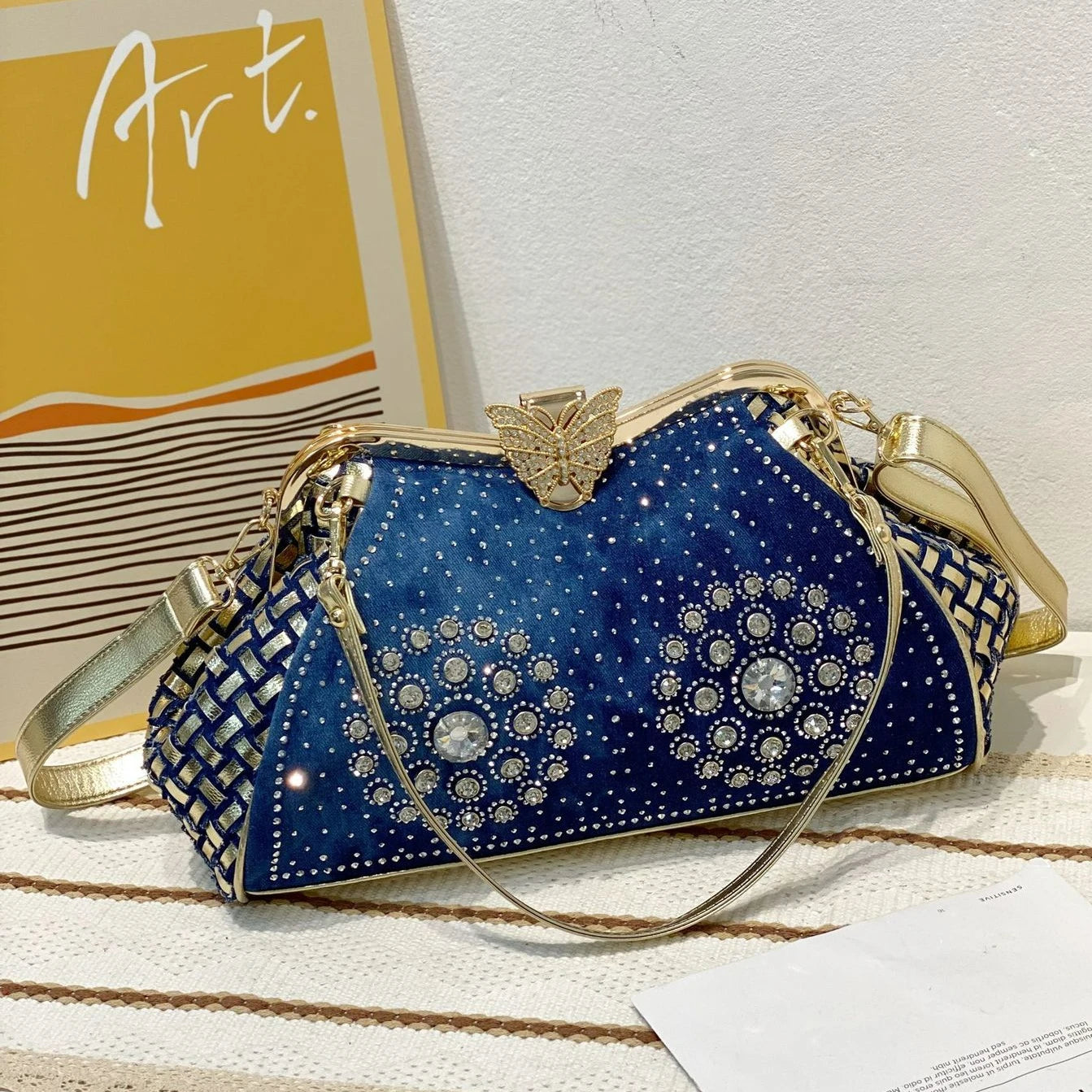 Diamond Denim Handbag W/ Rhinestone Accents