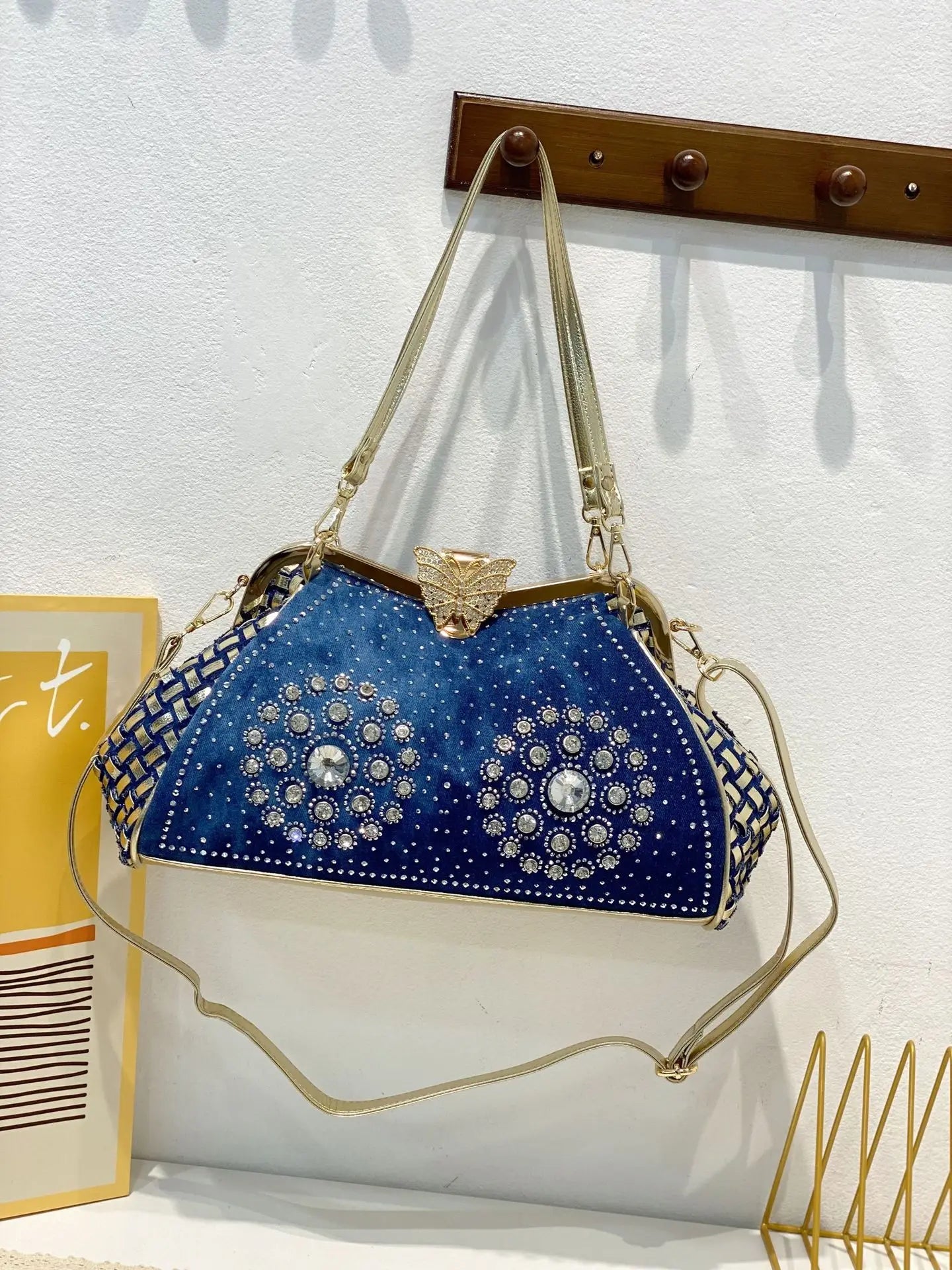 Diamond Denim Handbag W/ Rhinestone Accents