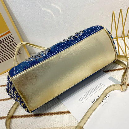 Diamond Denim Handbag W/ Rhinestone Accents