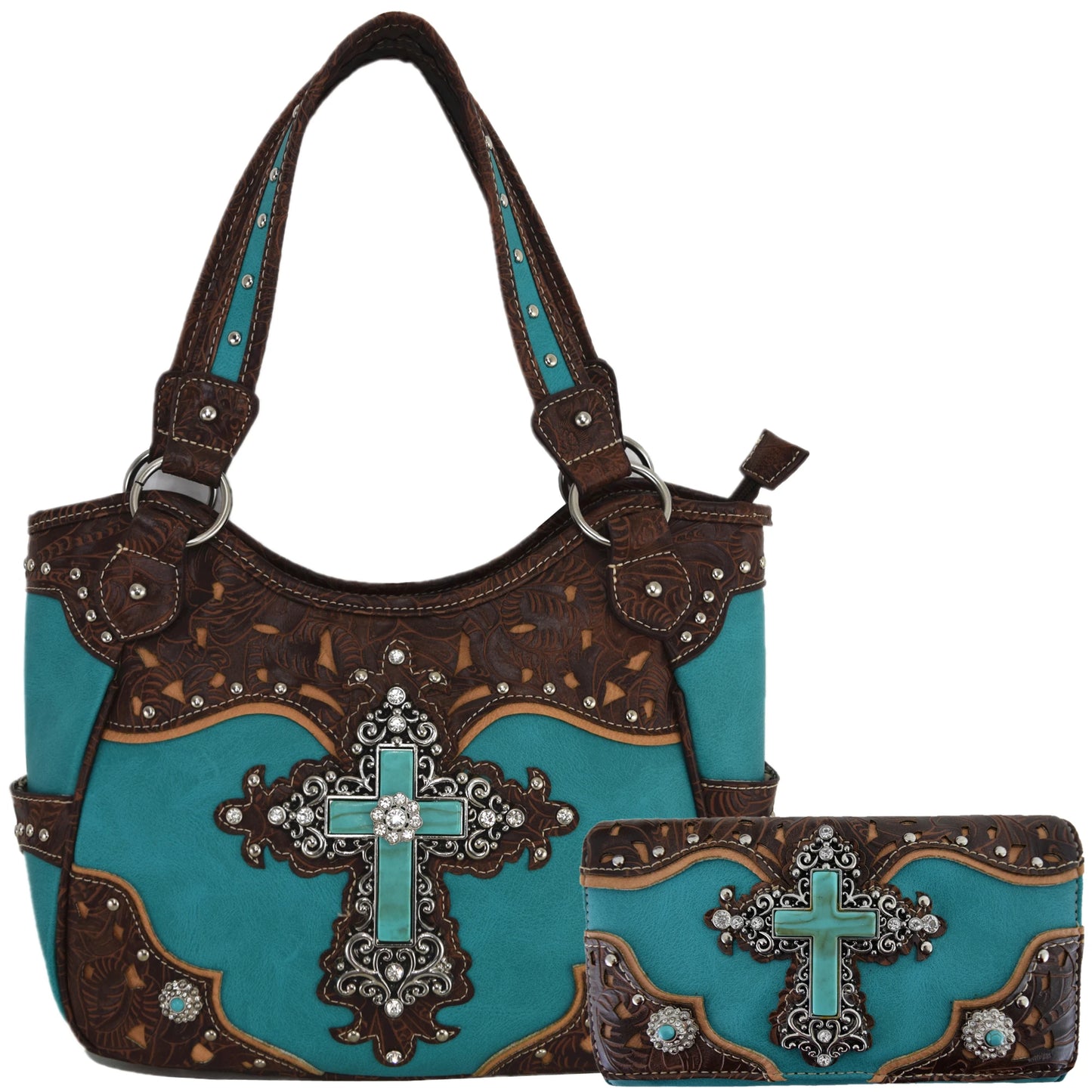 Western Style Tooled Leather Studded Handbag and Matching Trifold Wallet W/ Cross