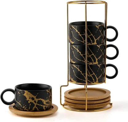 Set of 4 - 6 Ounce Porcelain Stackable Espresso Cups with Saucers/Metal Stand