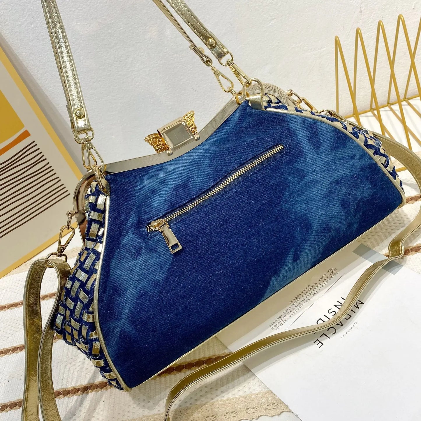 Diamond Denim Handbag W/ Rhinestone Accents