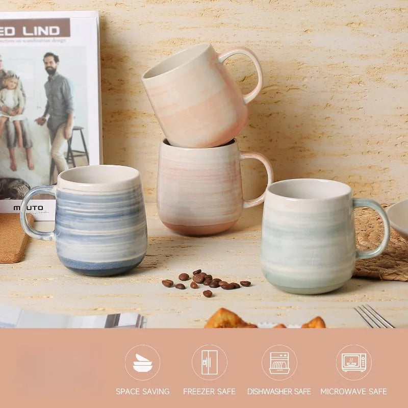 Set of 4 - 12 oz Ceramic Coffee Cups w/ Large Handles