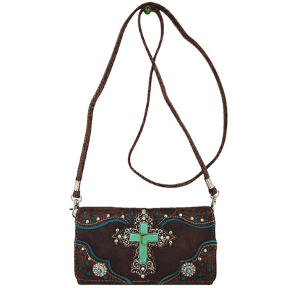 Western Style Tooled Leather Studded Handbag and Matching Trifold Wallet W/ Cross