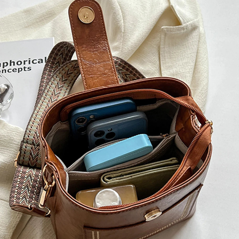 PU Leather Crossbody Handbag W/ Wide Strap