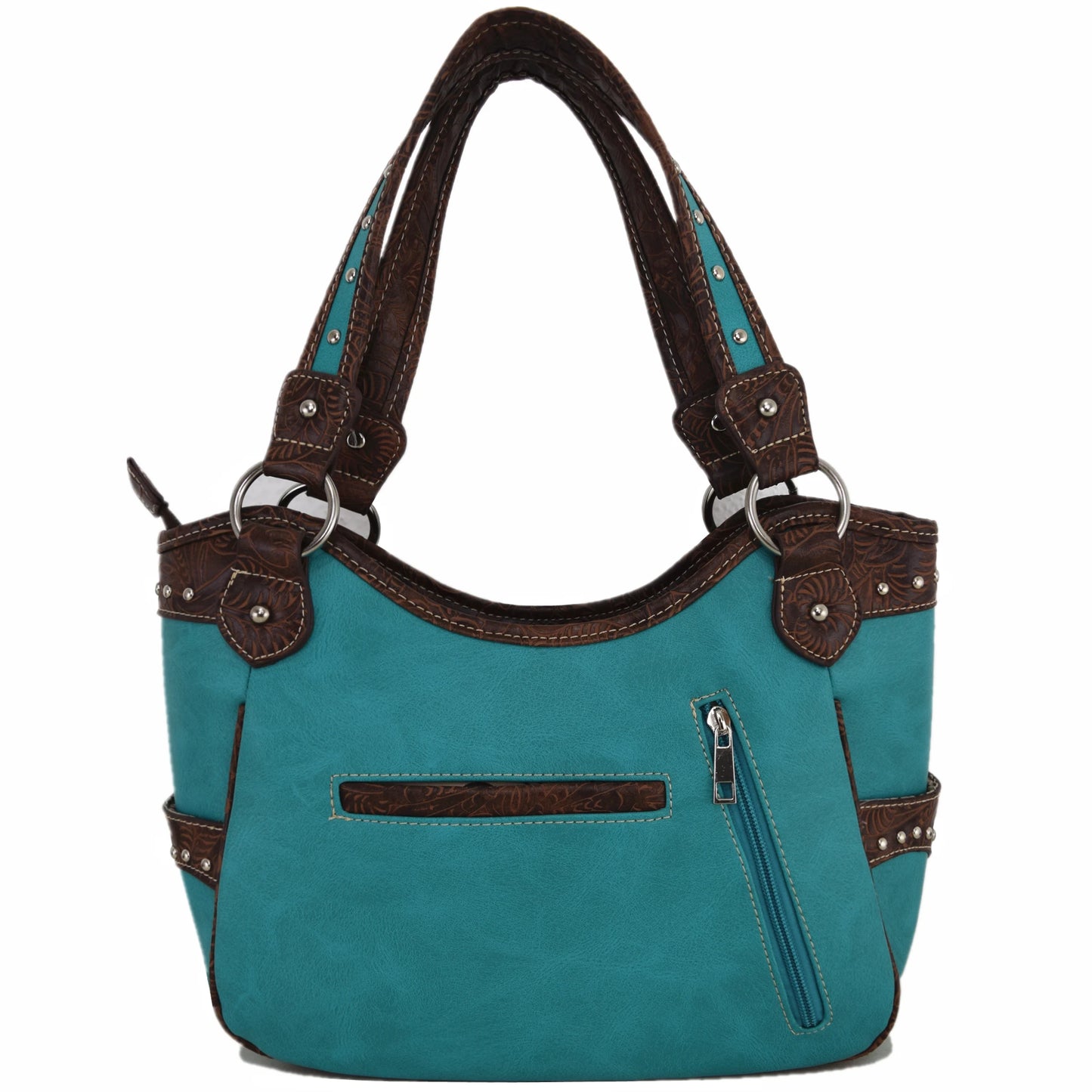 Western Style Tooled Leather Studded Handbag and Matching Trifold Wallet W/ Cross