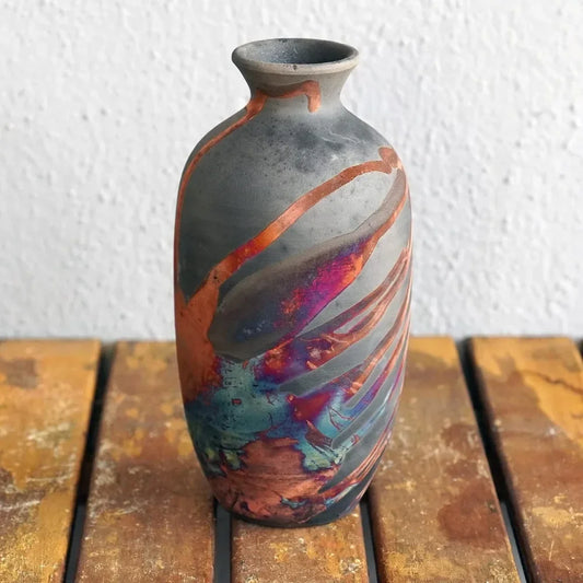7 inch Raku Ceramic Pottery Vase - Carbon Half Copper