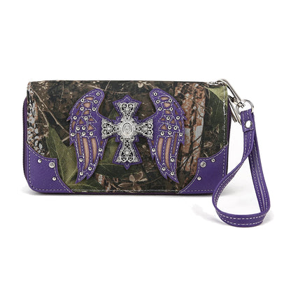 Camouflage W/ Rhinestone Cross Wings Purse W/ Matching Wallet Set