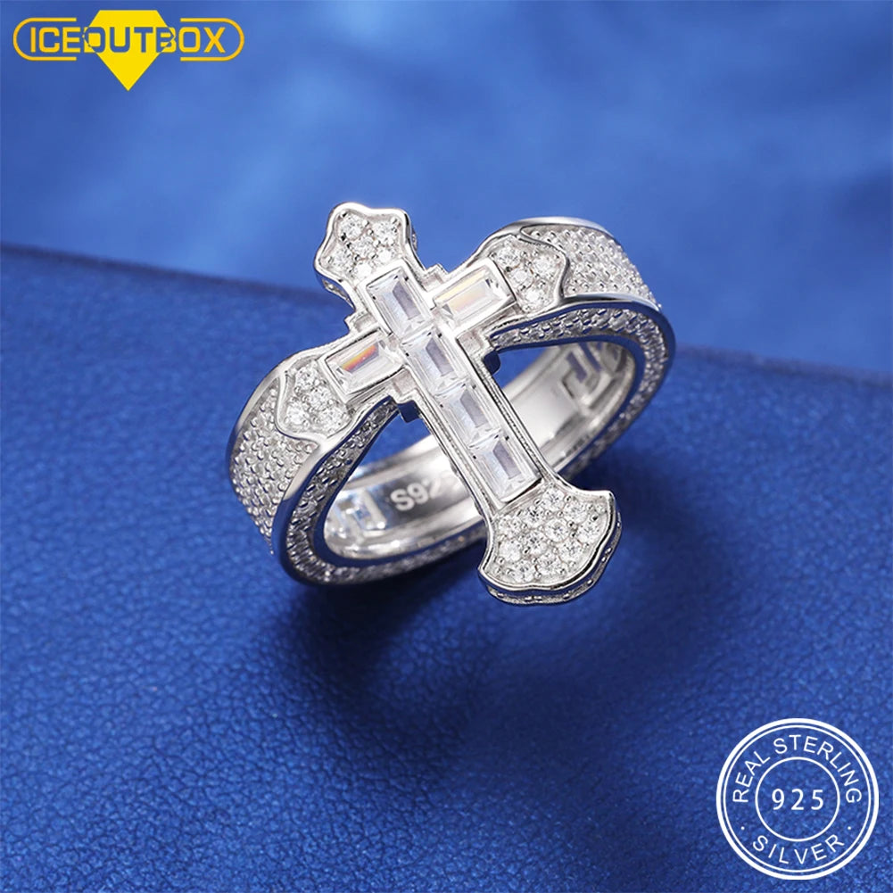 925 Sterling Silver Cross Baguette Moissanite Ring for Women/Men