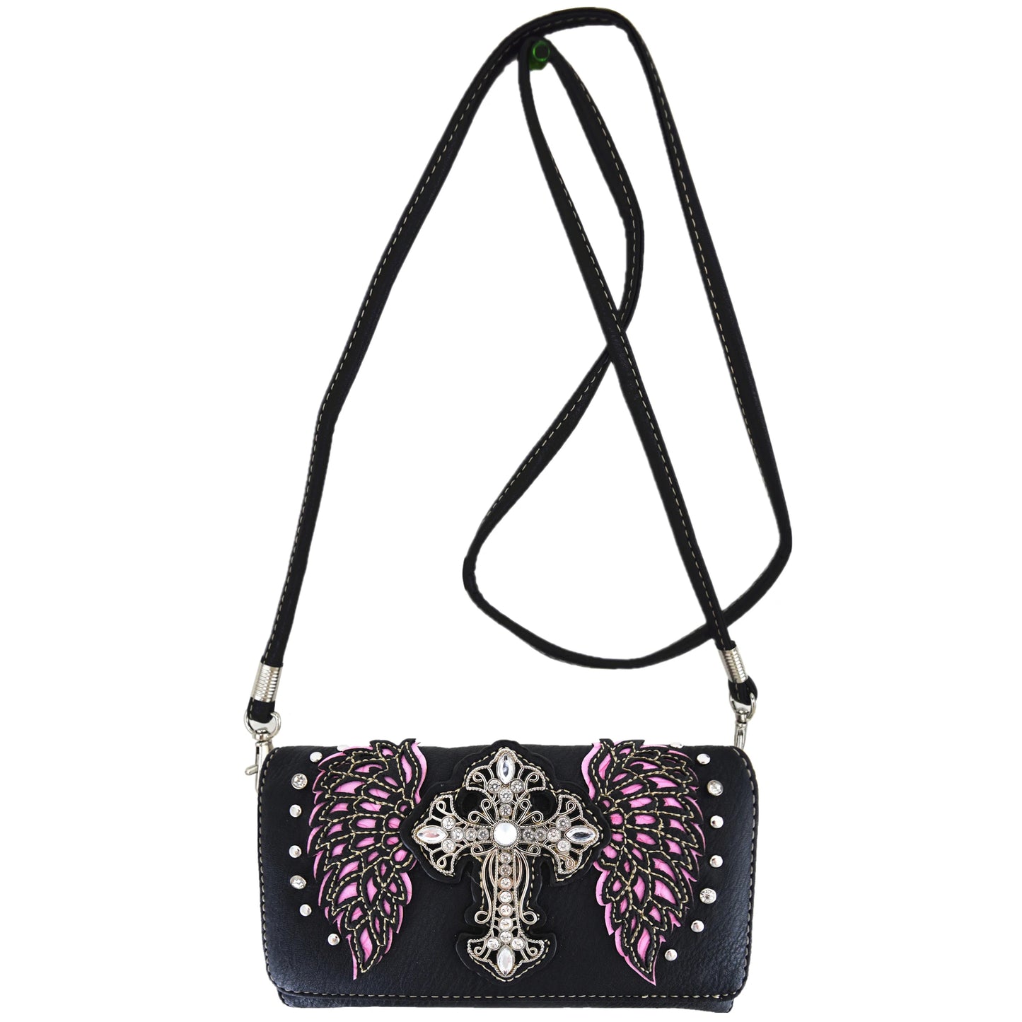 Western Style Tooled Leather Purse and Wallet W/ Rhinestone Cross and Studded Laser Cut Wings