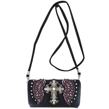 Western Style Tooled Leather Purse and Wallet W/ Rhinestone Cross and Studded Laser Cut Wings