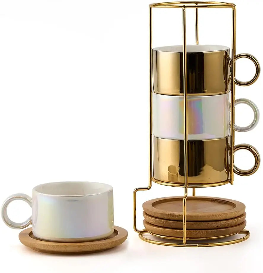 Set of 4 - 6 Ounce Porcelain Stackable Espresso Cups with Saucers/Metal Stand
