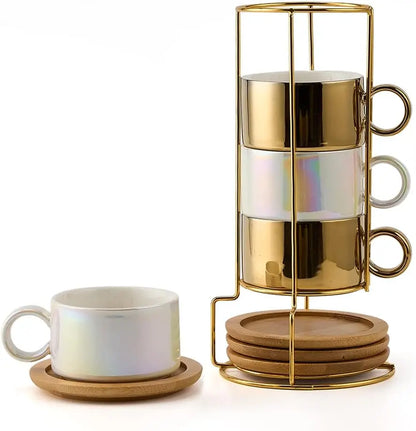 Set of 4 - 6 Ounce Porcelain Stackable Espresso Cups with Saucers/Metal Stand