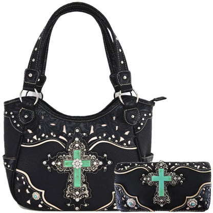Western Style Tooled Leather Studded Handbag and Matching Trifold Wallet W/ Cross