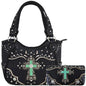 Western Style Tooled Leather Studded Handbag and Matching Trifold Wallet W/ Cross