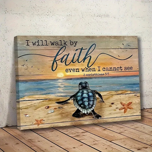 1PC Wood Framed Canvas of Turtle Painting With Scripture