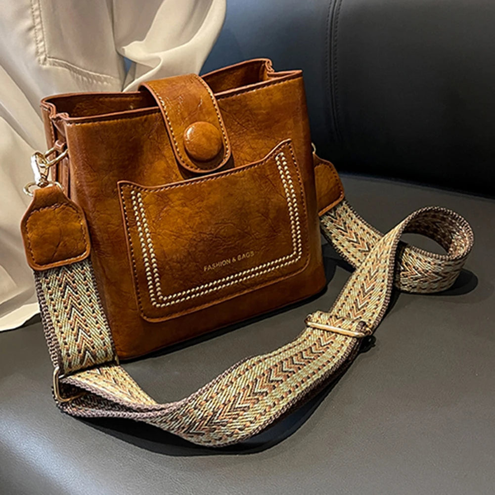 PU Leather Crossbody Handbag W/ Wide Strap