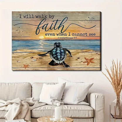 1PC Wood Framed Canvas of Turtle Painting With Scripture