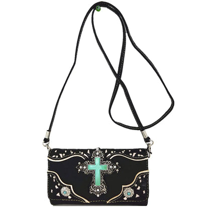 Western Style Tooled Leather Studded Handbag and Matching Trifold Wallet W/ Cross