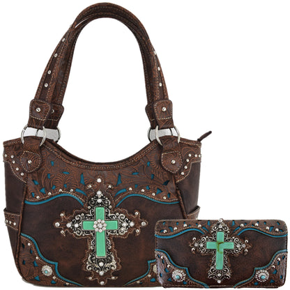 Western Style Tooled Leather Studded Handbag and Matching Trifold Wallet W/ Cross